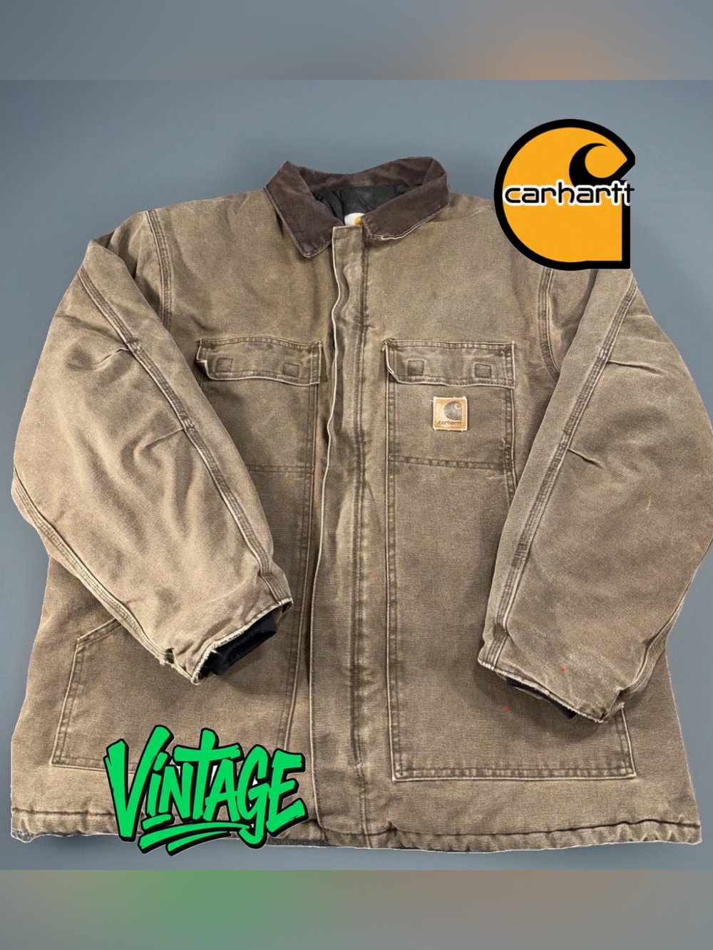 Carhartt vintage Brown Work Jacket Lined Collar Zip Button Logo Men c28 dkb 2XL